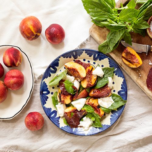 Basil, Burrata, Prosciutto, and Grilled Peaches